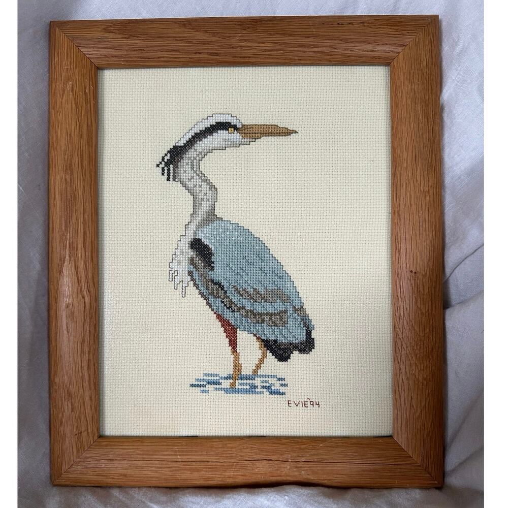 Vintage Blue Heron Bird Finished Cross-stitch Wall Art framed 13x10” wood frame